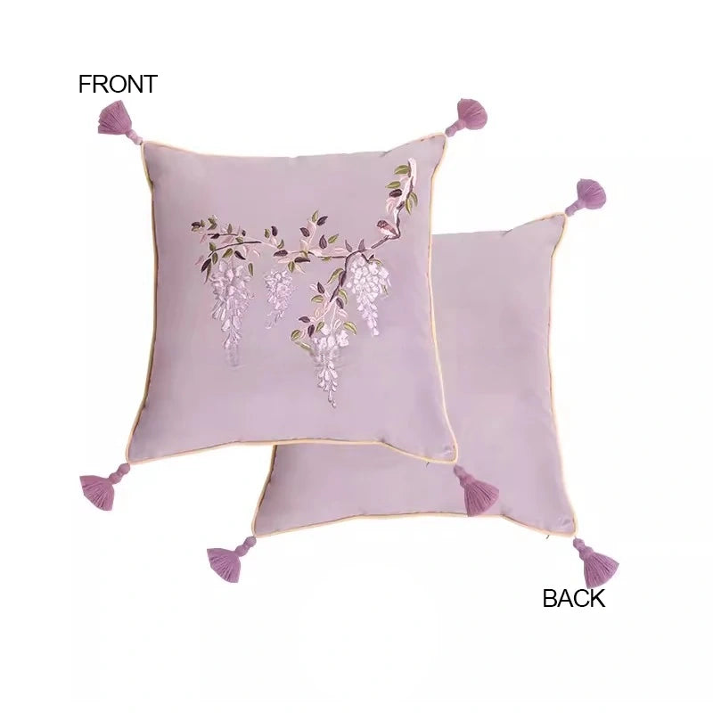 Botanical Vintage Wisteria Embroidery Pillow Case With Tassel