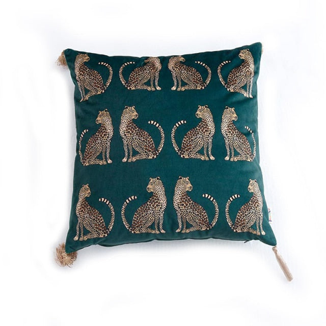 Kissenbezug mit Fransen und Leopardenmuster, Dunkelgrün
