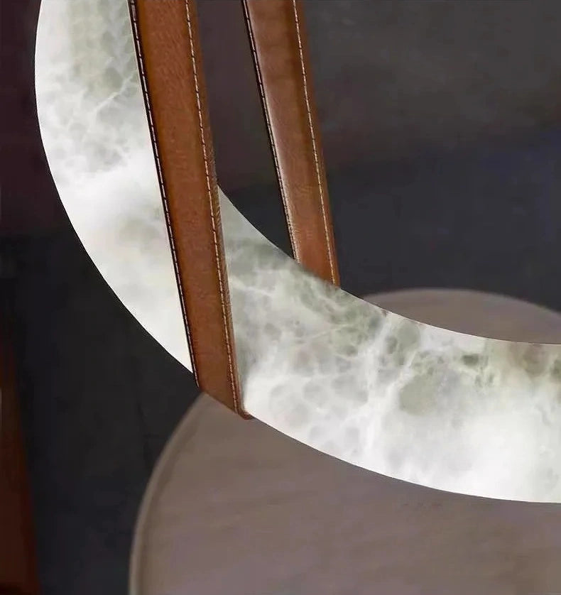 Minimalist Alabaster Ring Pendant Light with Leather Suspension