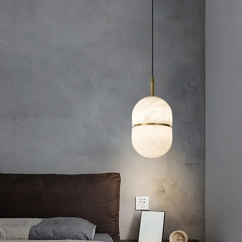 Ellipse Alabaster Pendant Light with Gold Accent Ring