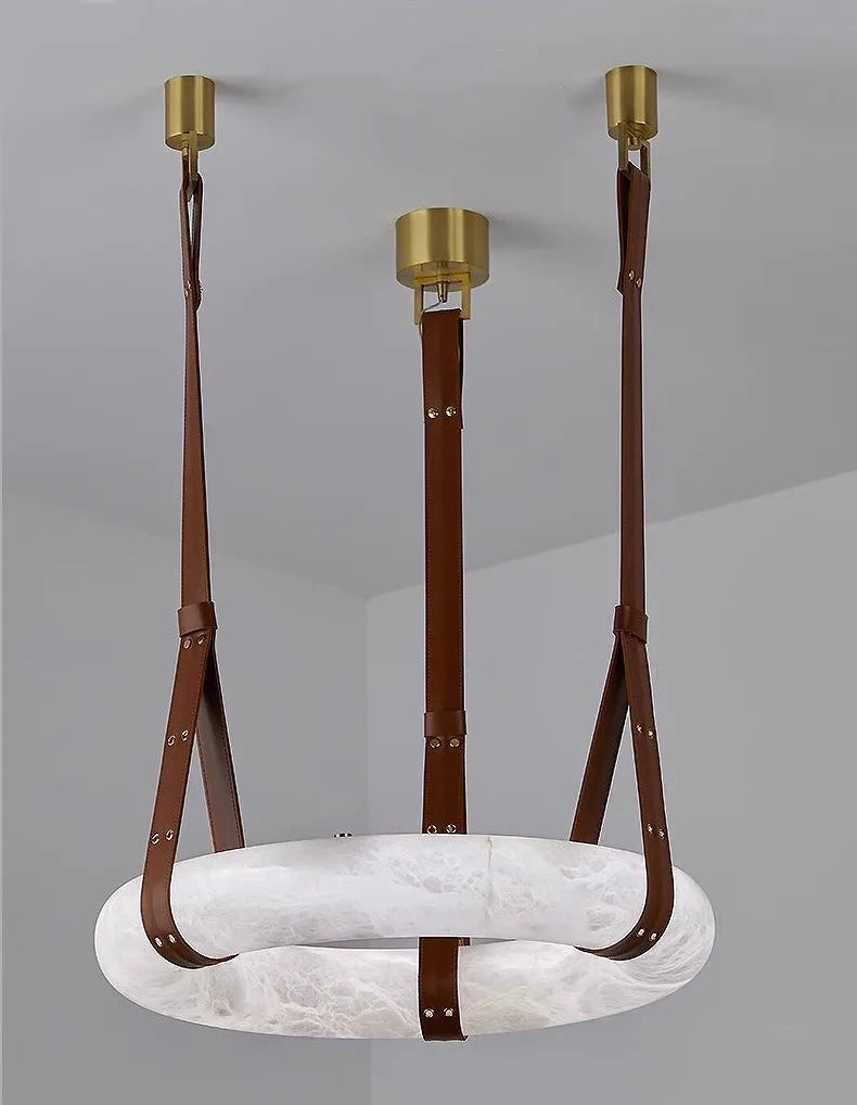 Minimalist Alabaster Ring Pendant Light with Leather Suspension