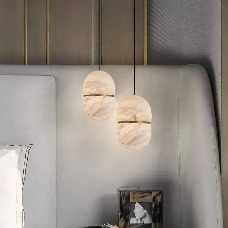 Ellipse Alabaster Pendant Light with Gold Accent Ring