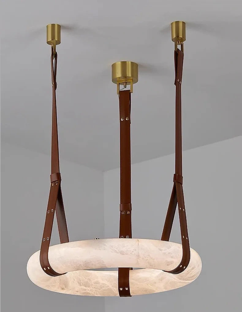Minimalist Alabaster Ring Pendant Light with Leather Suspension
