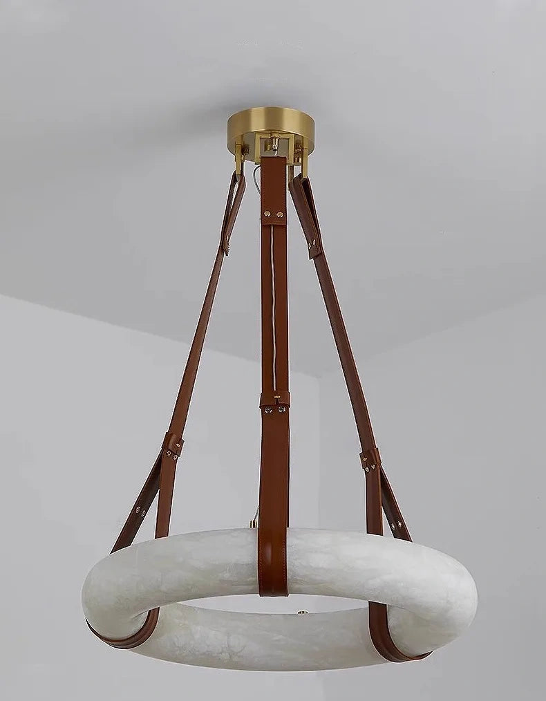 Minimalist Alabaster Ring Pendant Light with Leather Suspension