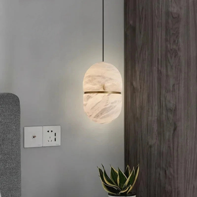 Ellipse Alabaster Pendant Light with Gold Accent Ring