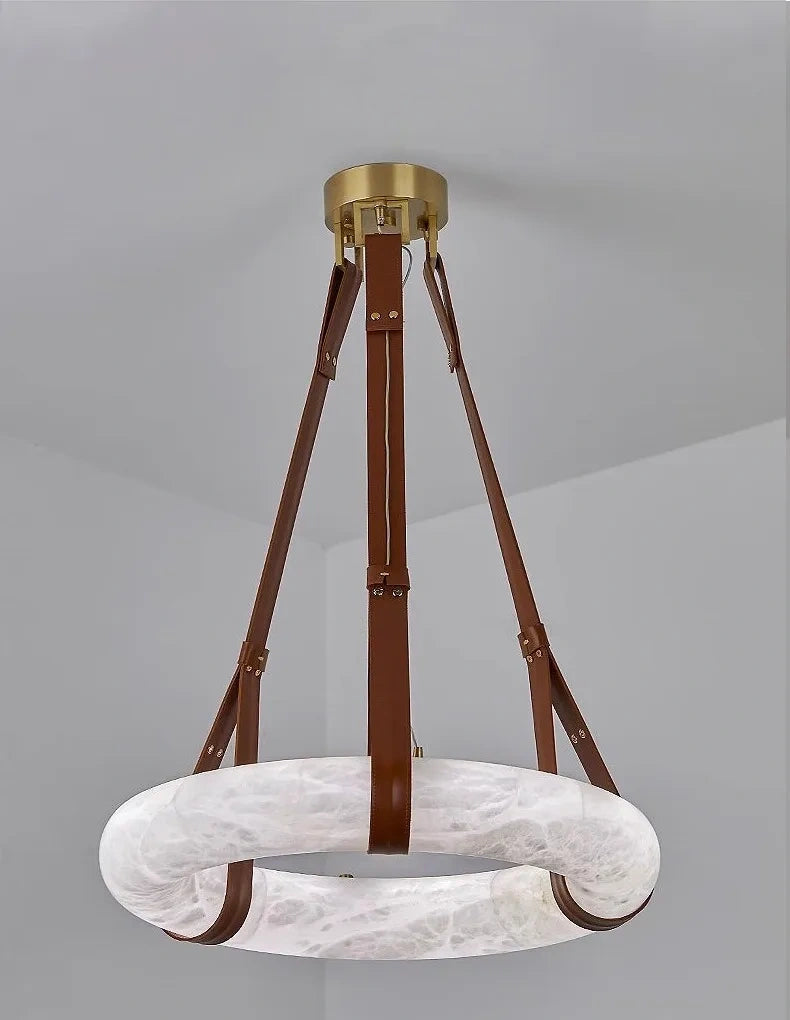 Minimalist Alabaster Ring Pendant Light with Leather Suspension