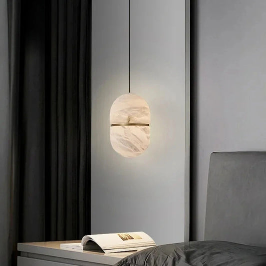 Ellipse Alabaster Pendant Light with Gold Accent Ring
