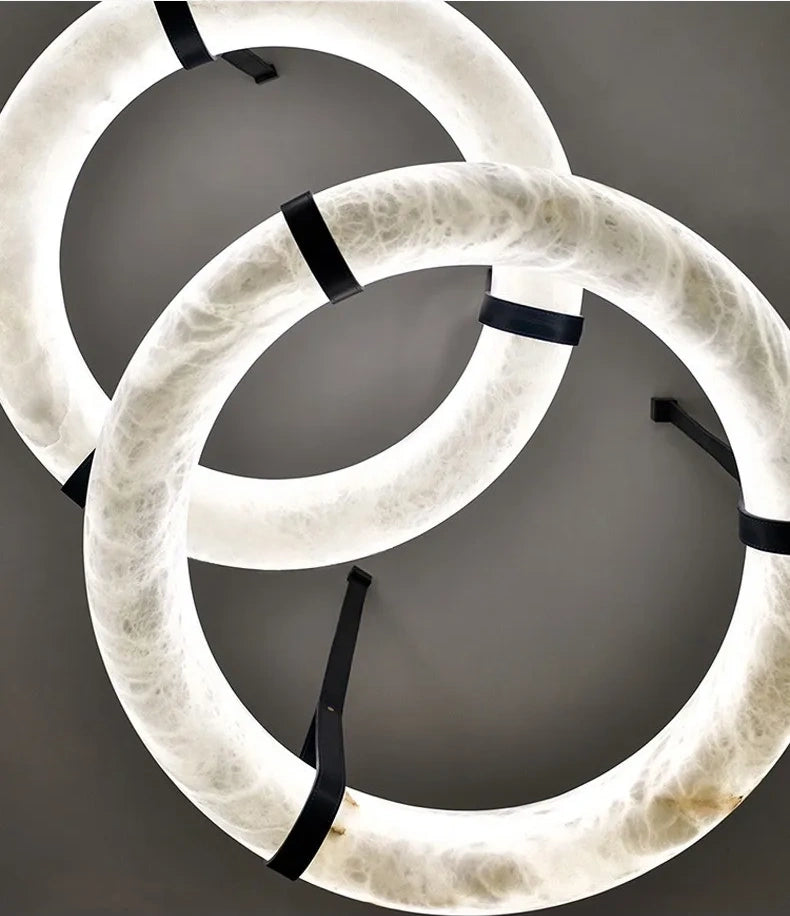 Minimalist Alabaster Ring Pendant Light with Leather Suspension