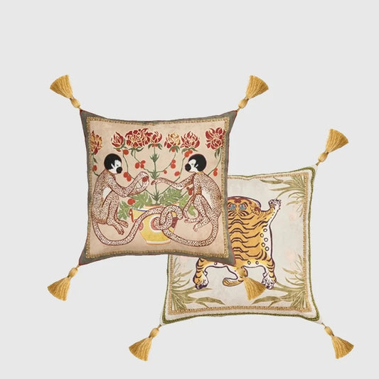 Taie d'oreiller motif singe mystique et tigre tibétain