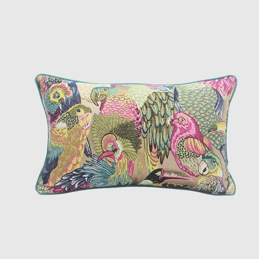 Taie d'oreiller lombaire brodée de perroquets néoclassiques américains 30 x 50 cm