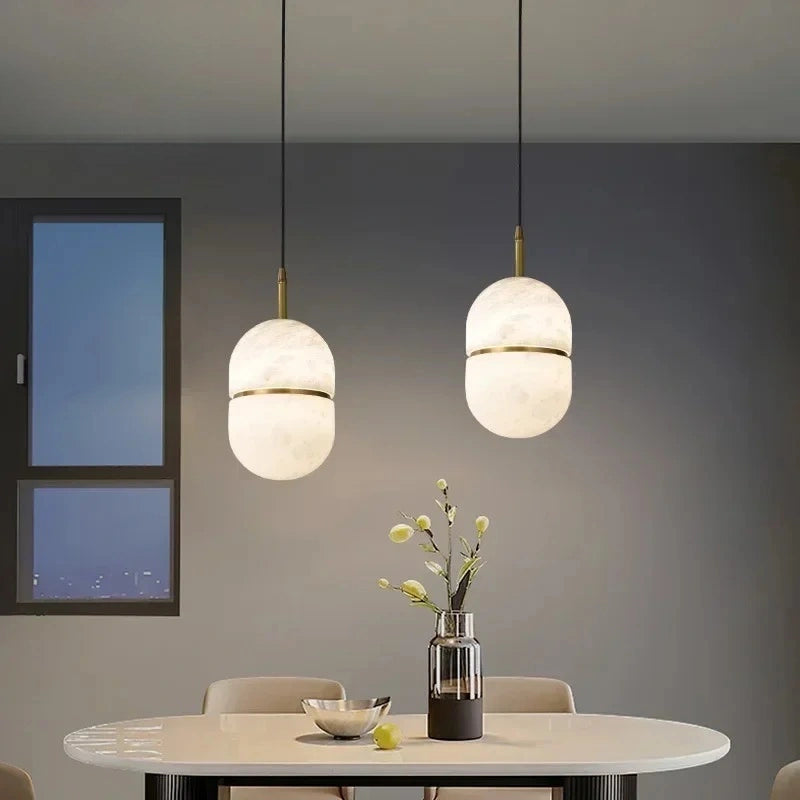 Ellipse Alabaster Pendant Light with Gold Accent Ring