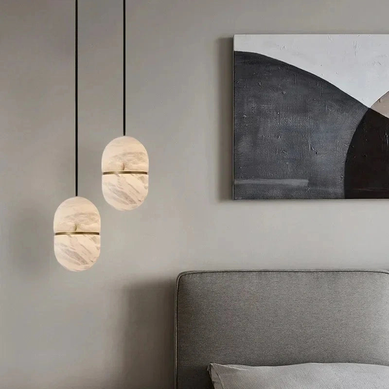 Ellipse Alabaster Pendant Light with Gold Accent Ring