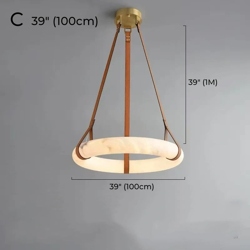 Minimalist Alabaster Ring Pendant Light with Leather Suspension
