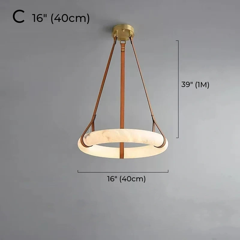 Minimalist Alabaster Ring Pendant Light with Leather Suspension