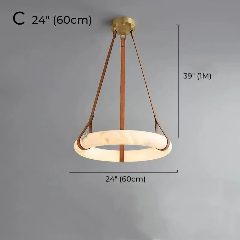 Minimalist Alabaster Ring Pendant Light with Leather Suspension