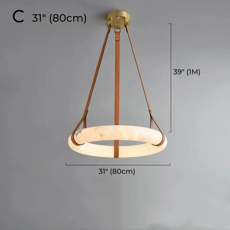 Minimalist Alabaster Ring Pendant Light with Leather Suspension