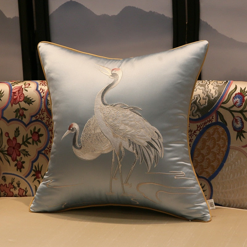 Artistic Crane Embroidered Pillow Case