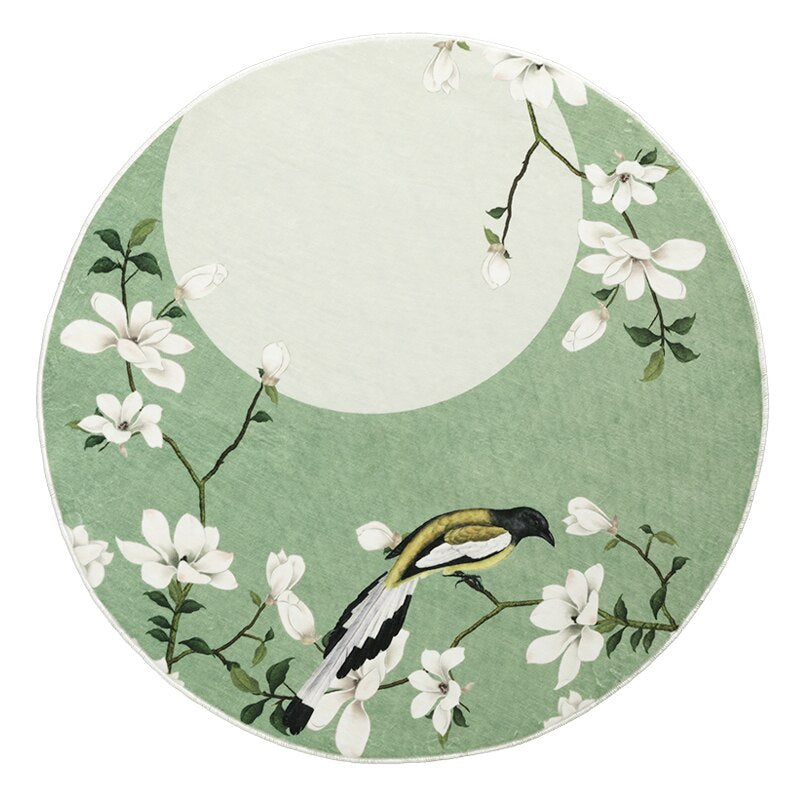 Chinese Traditional Bird Floral Round Rug