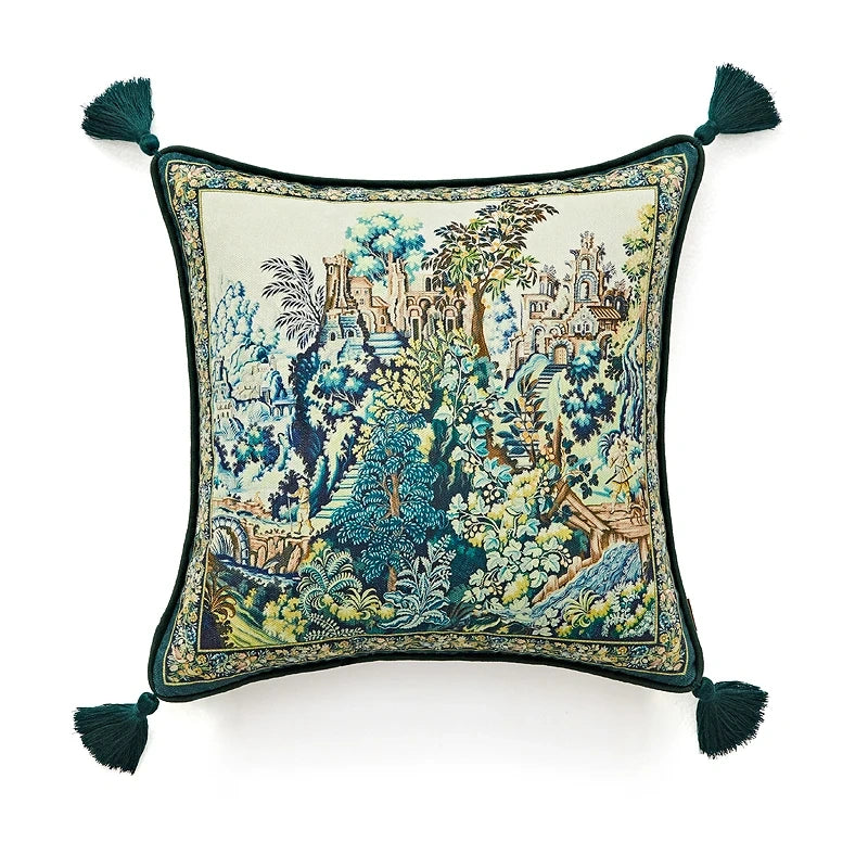 Vintage Palace Garden Tapestry Tassel Cushion Cover