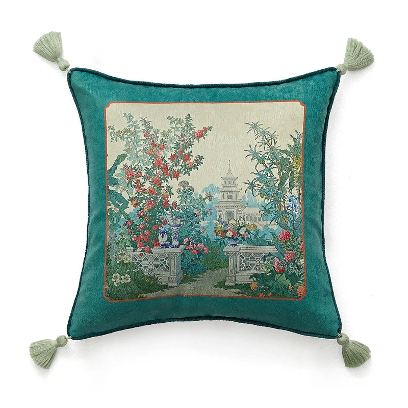 Vintage Palace Garden Tapestry Tassel Cushion Cover