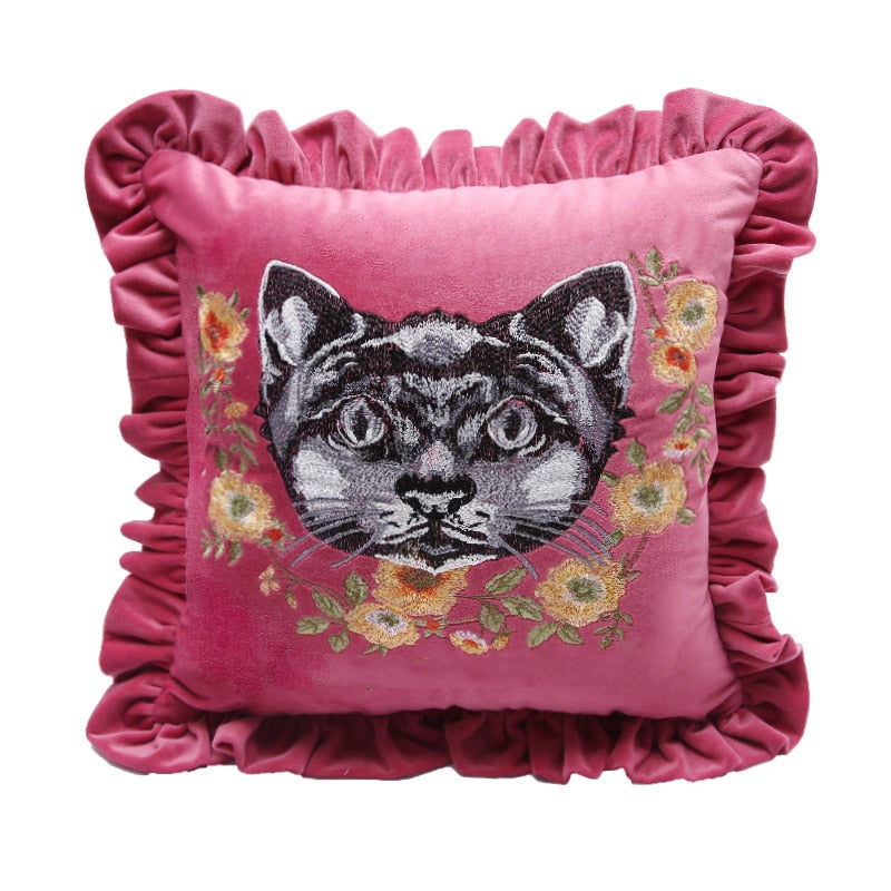 Antique Pink Velvet Cat Embroidery Ruffled Pillow Case