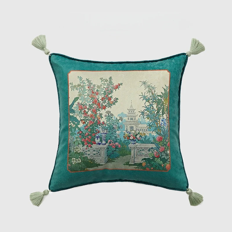 Vintage Palace Garden Tapestry Tassel Cushion Cover