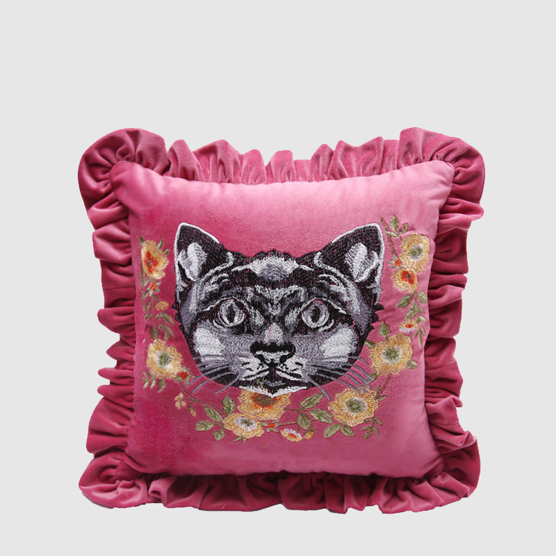 Antique Pink Velvet Cat Embroidery Ruffled Pillow Case