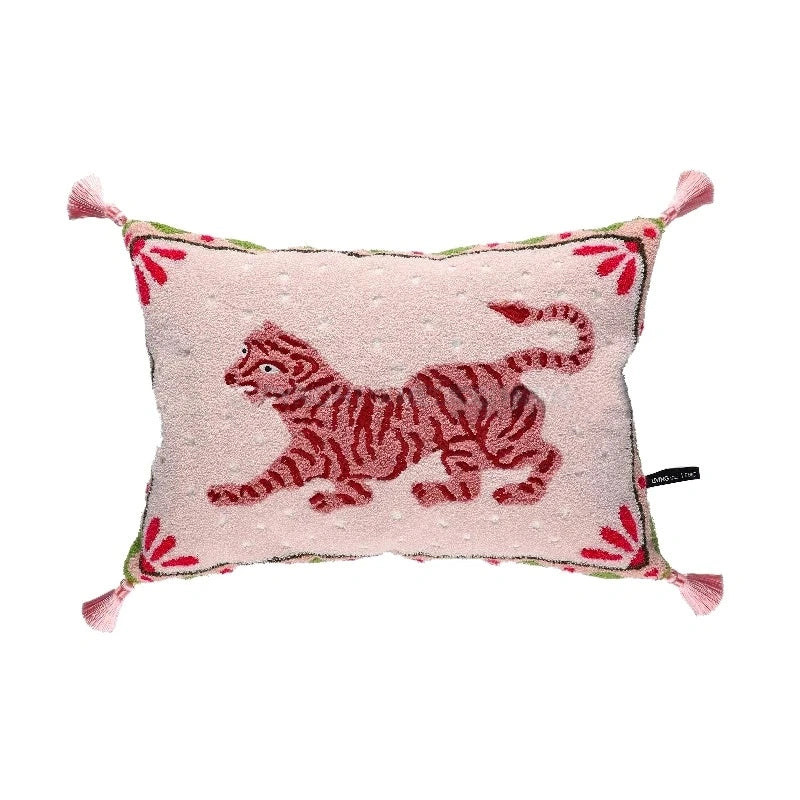 Pink Retro Black Cats Embroidered Throw Pillow Case With Tassels