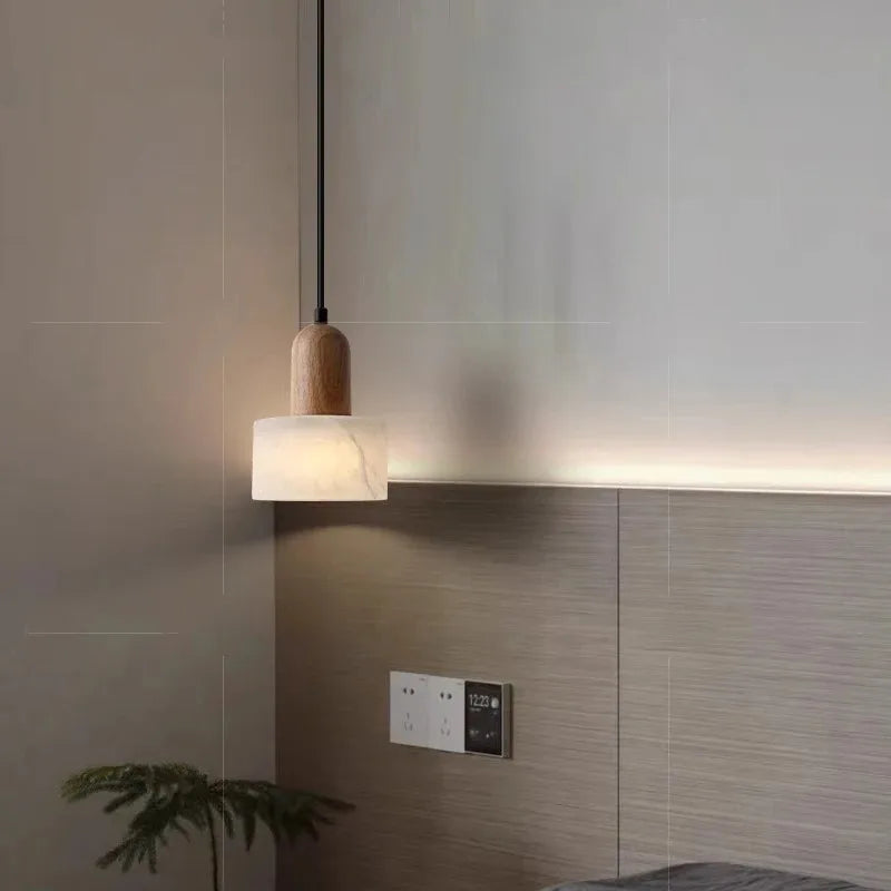 Wabi-Sabi Walnut Alabaster Pendant Light for Bedroom