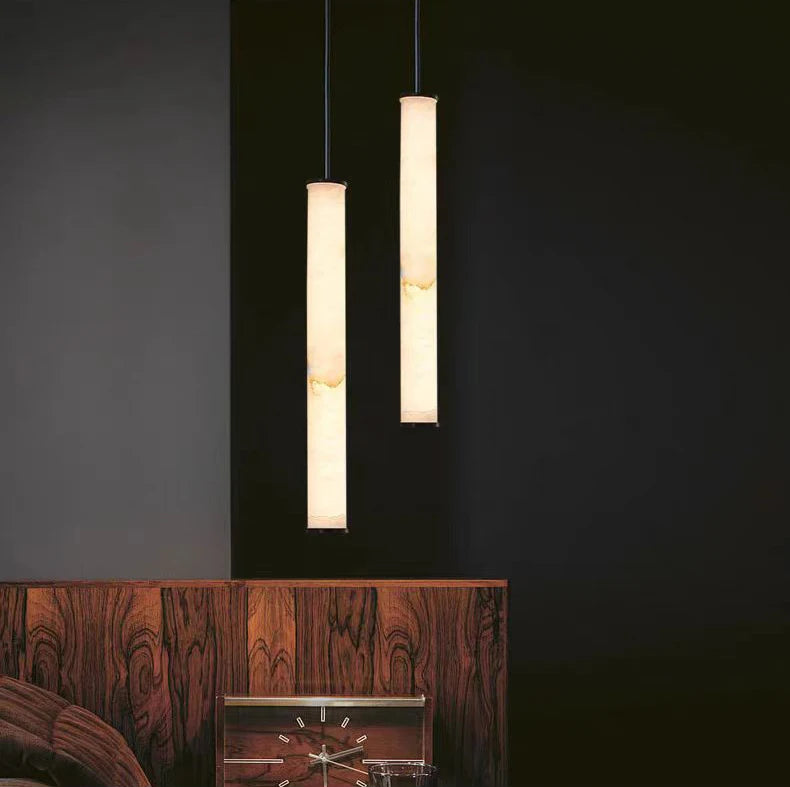 Minimalist Bedside Alabaster Tube Pendant Light, Black or Brass