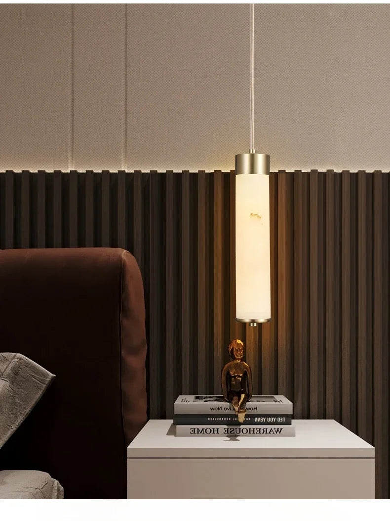 Luxury Alabaster Tube Pendant Light with Copper for Bedside
