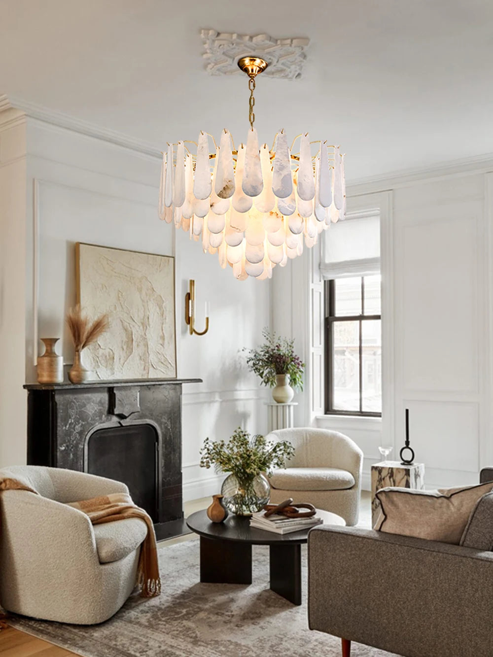 Grand Tiered Alabaster Feather Chandelier, Round