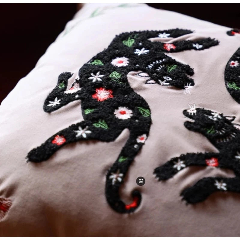 Pink Retro Black Cats Embroidered Throw Pillow Case With Tassels