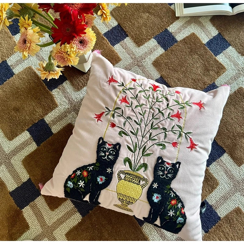 Pink Retro Black Cats Embroidered Throw Pillow Case With Tassels