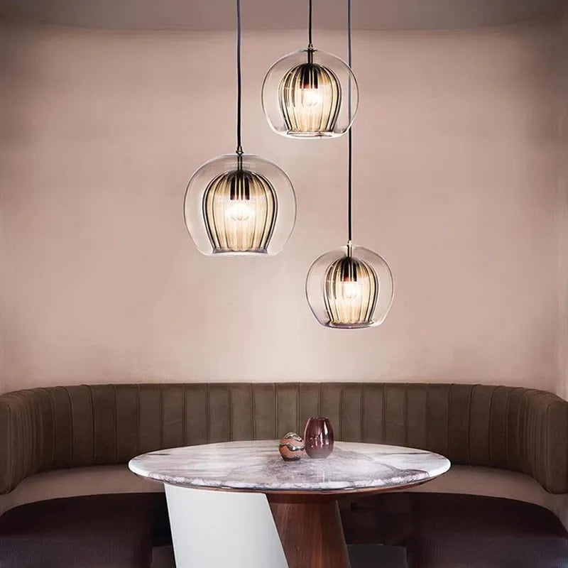Double Glass Pendant Light Dome Amber Layered Glass Kitchen Island ...
