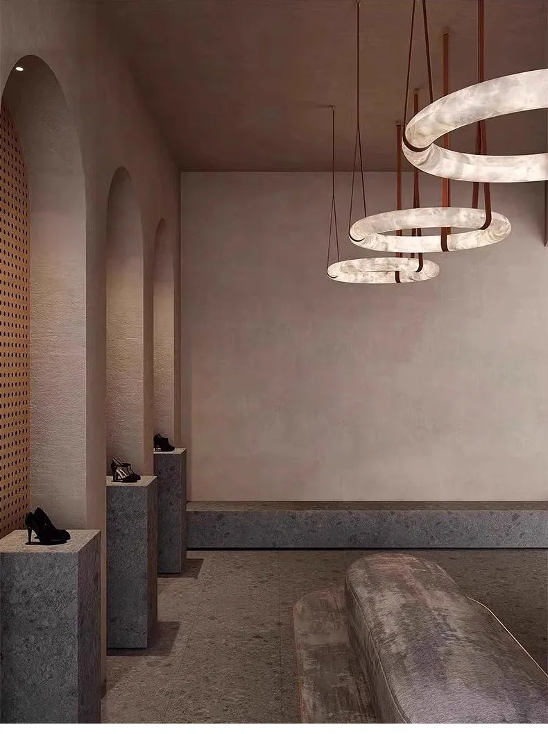 Minimalist Alabaster Ring Pendant Light with Leather Suspension