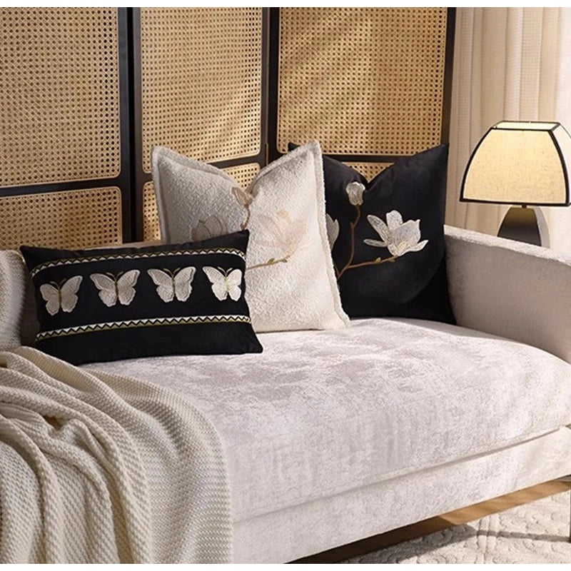 White Magnolia Floral Embroidery Throw Pillow Case