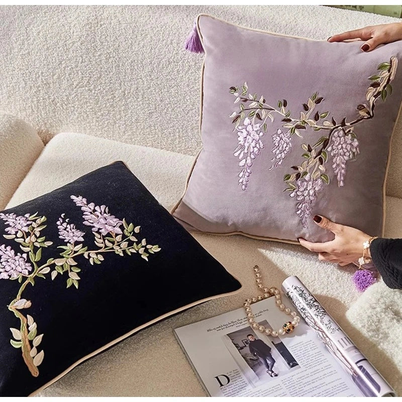 Botanical Vintage Wisteria Embroidery Pillow Case With Tassel