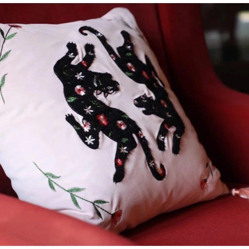 Pink Retro Black Cats Embroidered Throw Pillow Case With Tassels