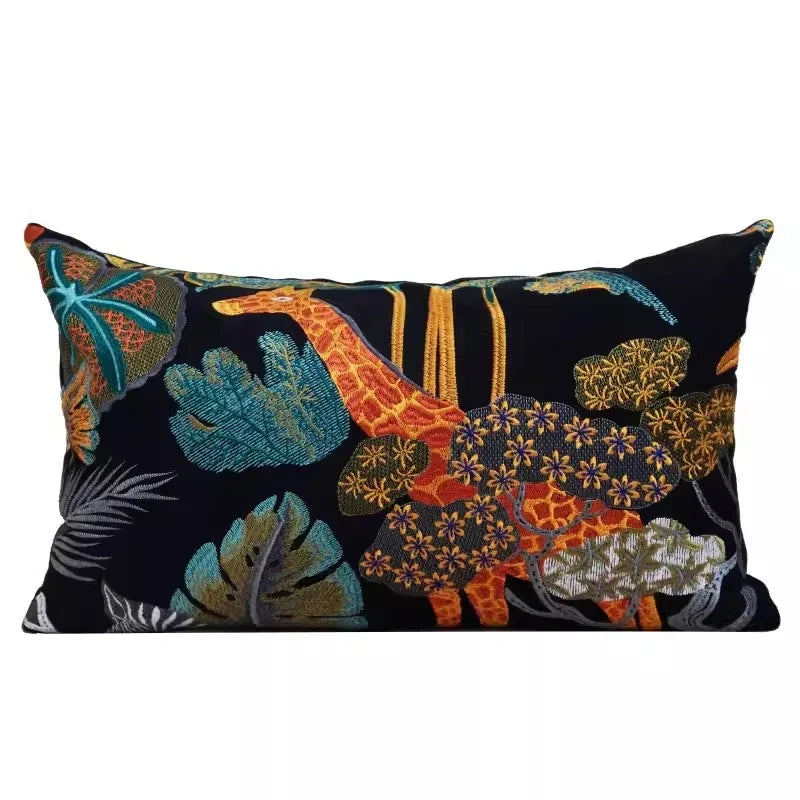 Giraffe Zebra Black Tropical Animal Embroidery Pillow Case