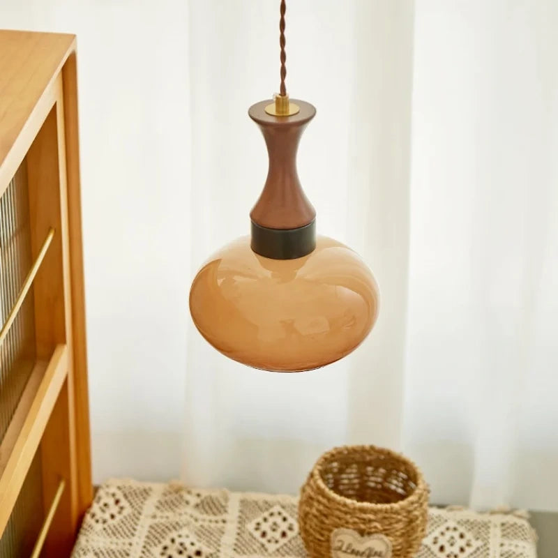 Sorrel Amber Glass & Wood Pendant Light