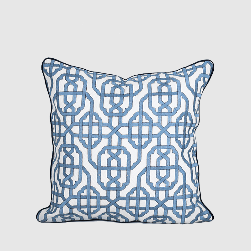 Indigo Blue and White Flat Outline Moroccan Pattern Pillow Case 50x50cm