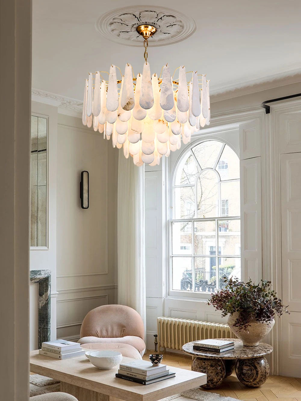 Grand Tiered Alabaster Feather Chandelier, Round