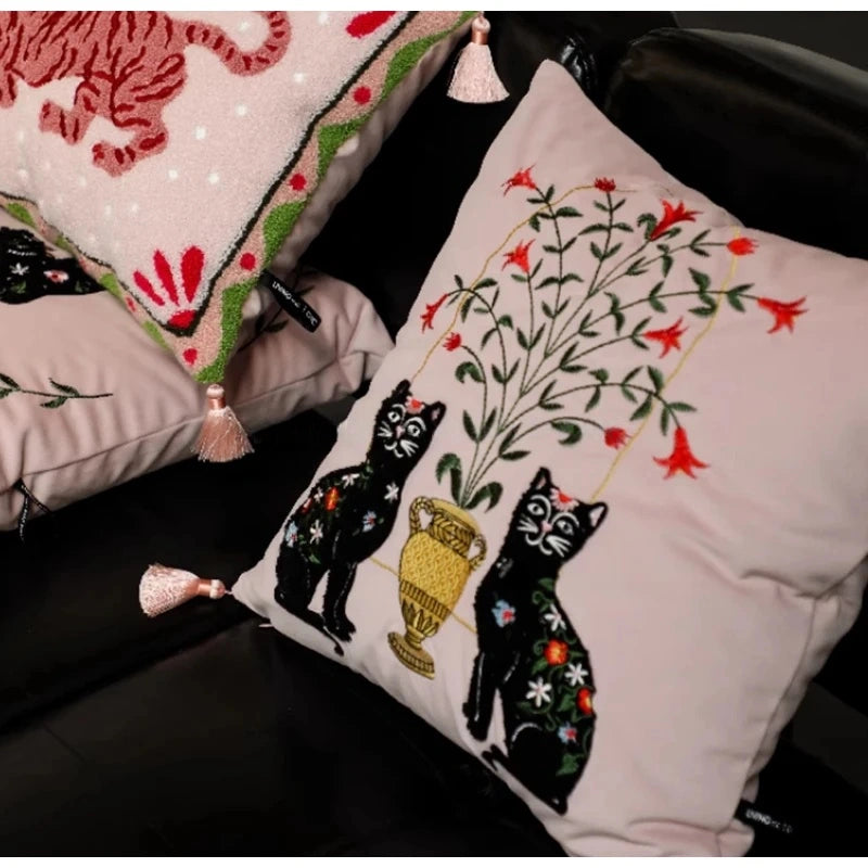 Pink Retro Black Cats Embroidered Throw Pillow Case With Tassels