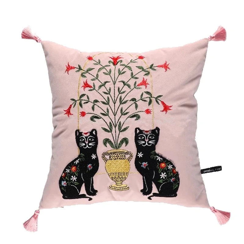 Pink Retro Black Cats Embroidered Throw Pillow Case With Tassels