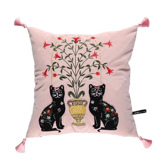 Pink Retro Black Cats Embroidered Throw Pillow Case With Tassels
