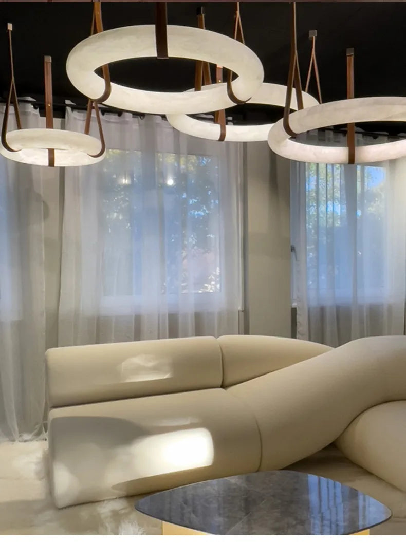 Minimalist Alabaster Ring Pendant Light with Leather Suspension