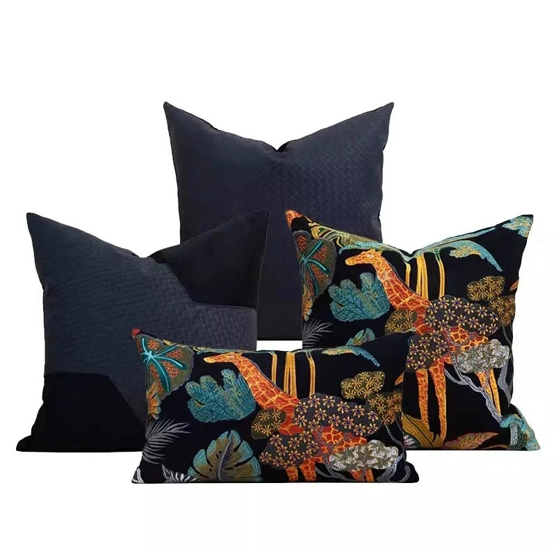 Giraffe Zebra Black Tropical Animal Embroidery Pillow Case