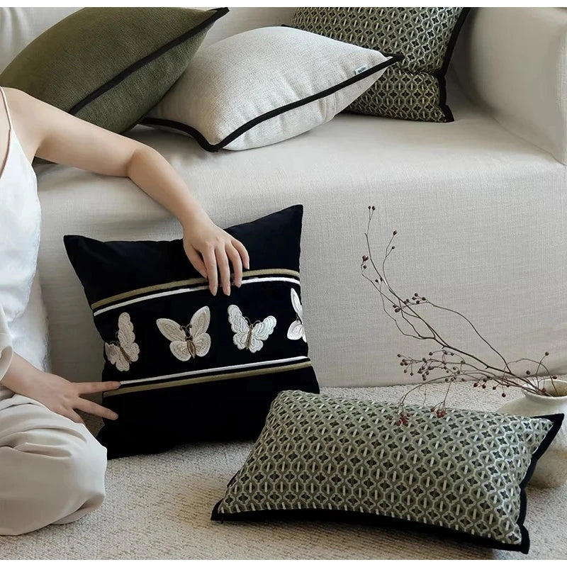 Black Velvet Cushion Cover With Butterfly Embroidery