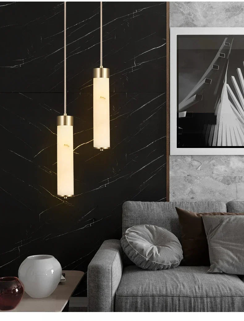 Luxury Alabaster Tube Pendant Light with Copper for Bedside